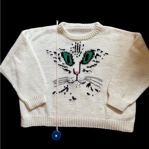 Vintage green eyed cat sweater womens m/l